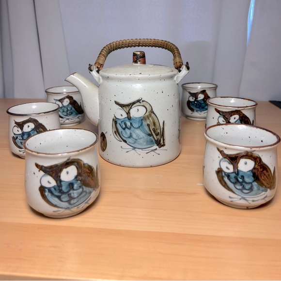 RARE Vintage Wony Ltd Owl teapot with wicker handle 6 Cups Japan Hand Painted - Picture 5 of 15